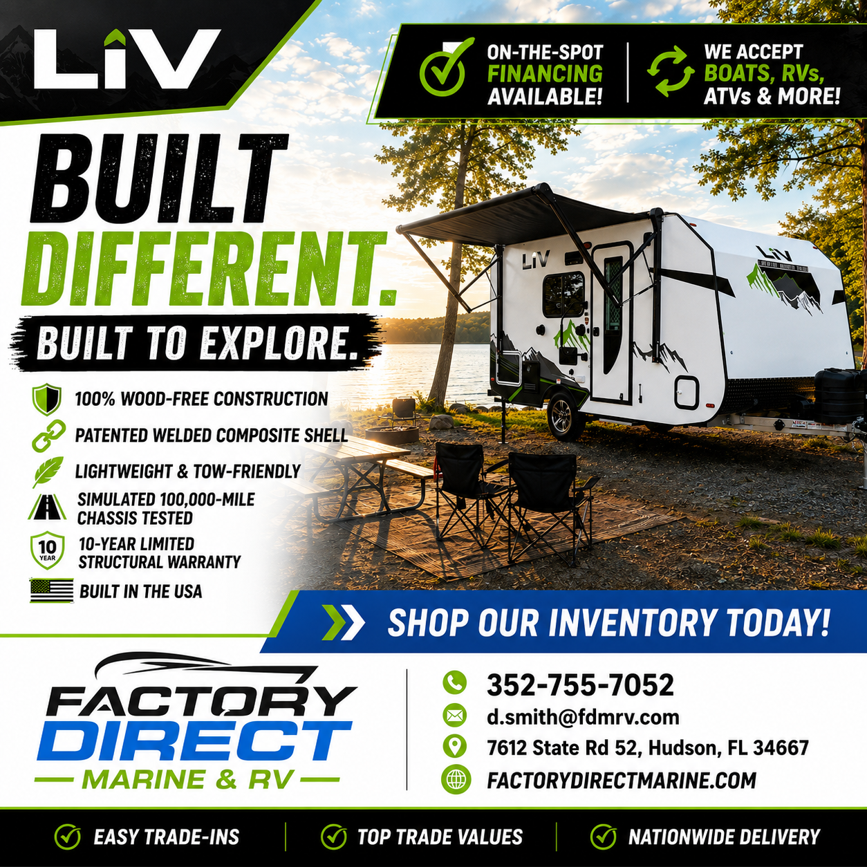 Liv RV built different, built to explore. Factory Direct Marine & RV. On-the-spot financing available. We accept boats, RVs, ATVs and more. Shop our inventory today.